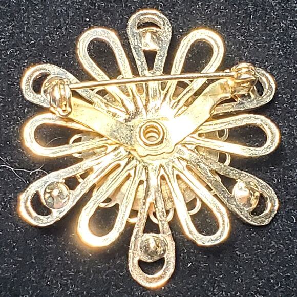 Clear Rhinestone Faux Pearl Gold Tone Vtg Unsigned 1.5" Floral Flower - Picture 3 of 4